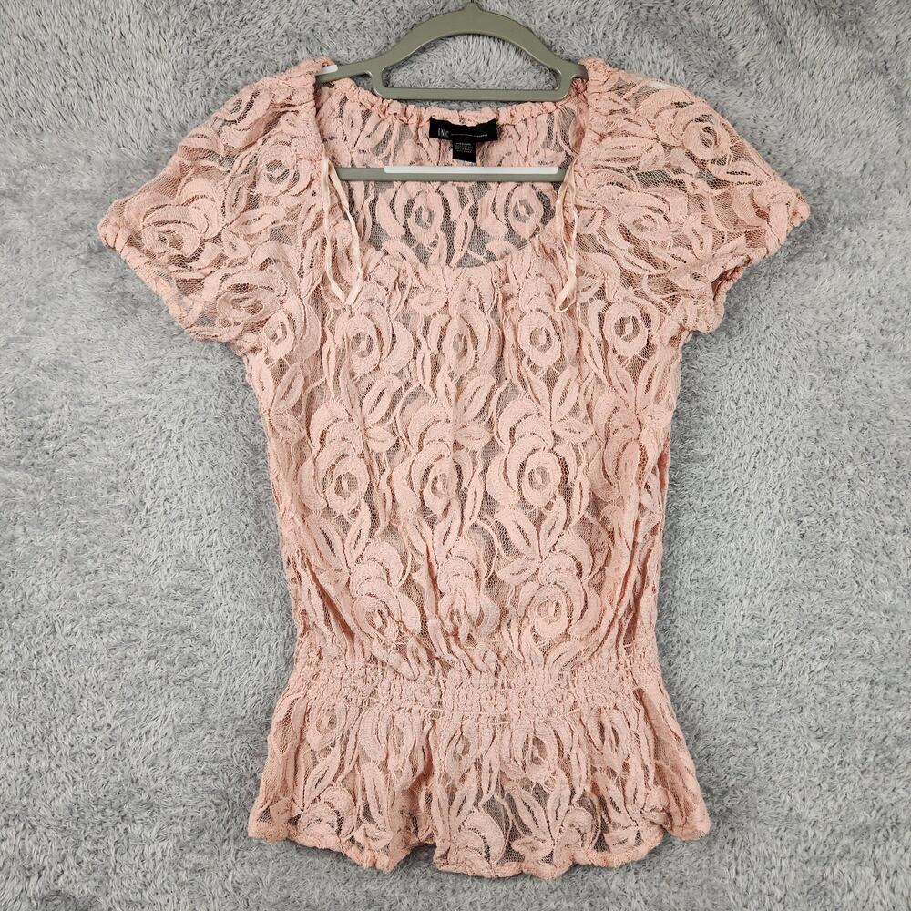 International Concepts Blouse Womens Medium Pink Lace Floral Stretch Sheer Y2k